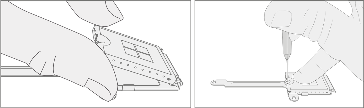 An illustration showing how to install a new 2230 rSSD to its bracket using a single screw and a 3IP Torx-Plus driver