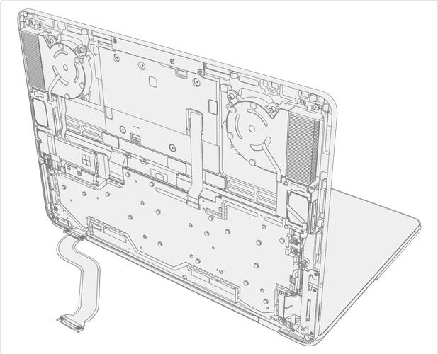 An illustration showing how to position the device with its display opened to 90 degrees and the back of the display module resting on the ESD-safe workbench while the keyboard faces up
