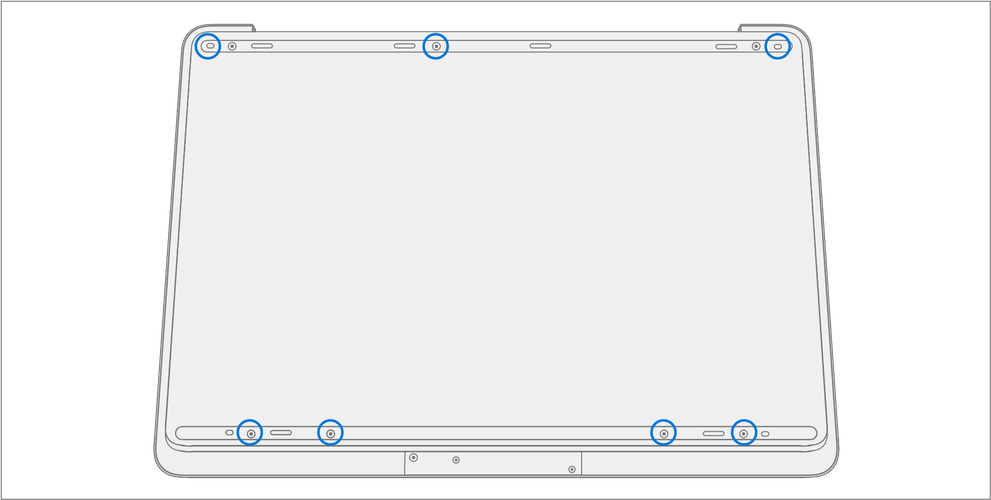 Diagram highlighting the seven chassis screw locations within the foot wells that require removal with a 3IP Torx-Plus driver for chassis disassembly