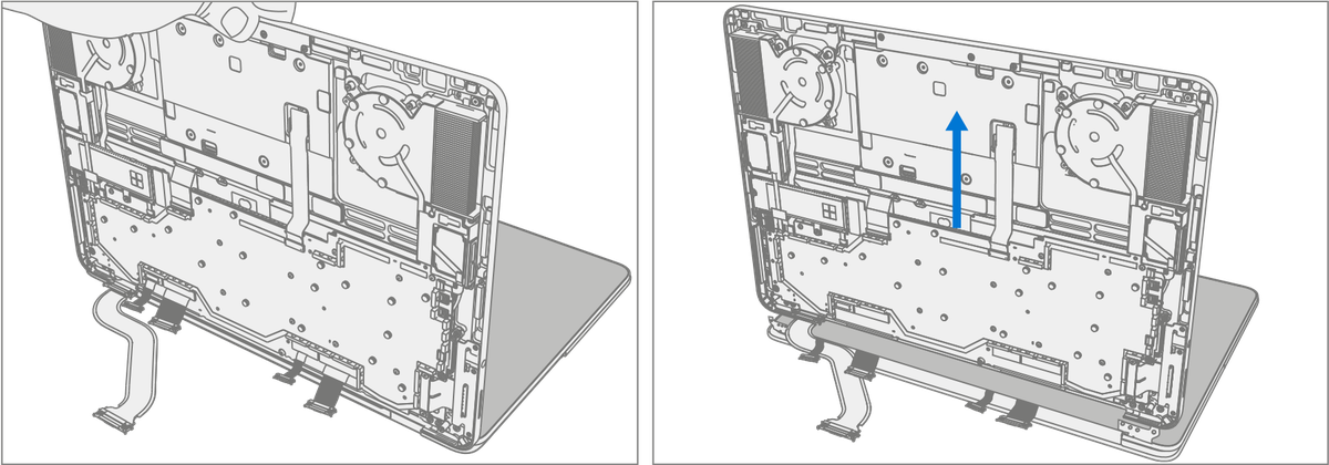 An illustration showing how to carefully lift the keyboard assembly from the display assembly while holding the keyboard with one hand