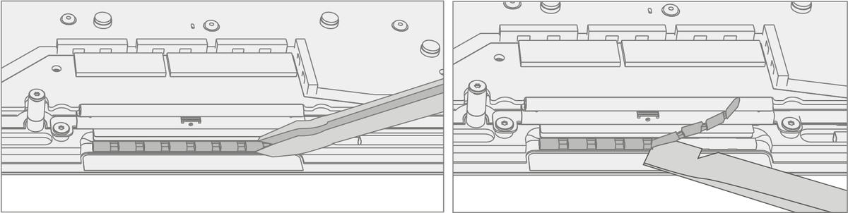 An illustration demonstrating how to use a plastic tool to remove the display cable foam from both the left and right sides of the keyboard assembly
