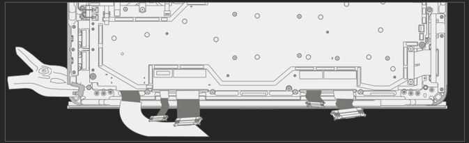 An illustration showing how to carefully align the display hinges into the keyboard pockets while holding the keyboard with one hand, ensuring the display cables are not pinched