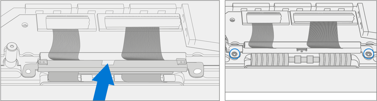 An illustration showing how to use cable tensioners to gently push all 4 display cables into a loop under the motherboard, sliding them horizontally until the holes align with the posts
