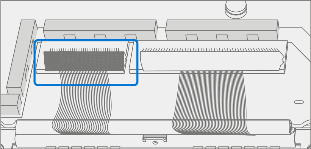 An illustration showing how to apply foam to the connector cable in the specified area using tweezers