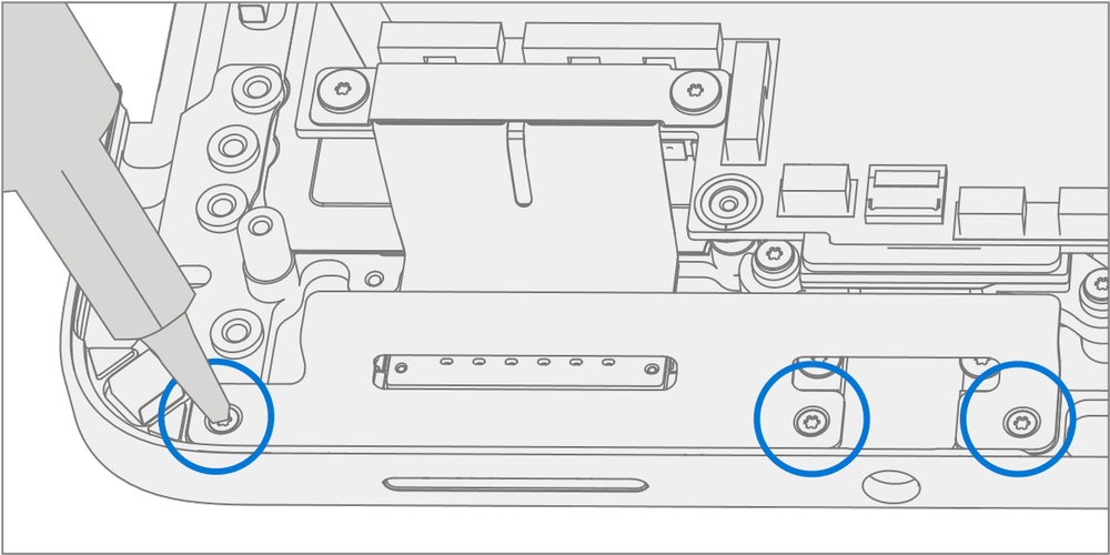 An illustration showing the installation of the left I/O bracket onto the keyboard with 3 new bracket screws using a 3IP Torx-Plus driver