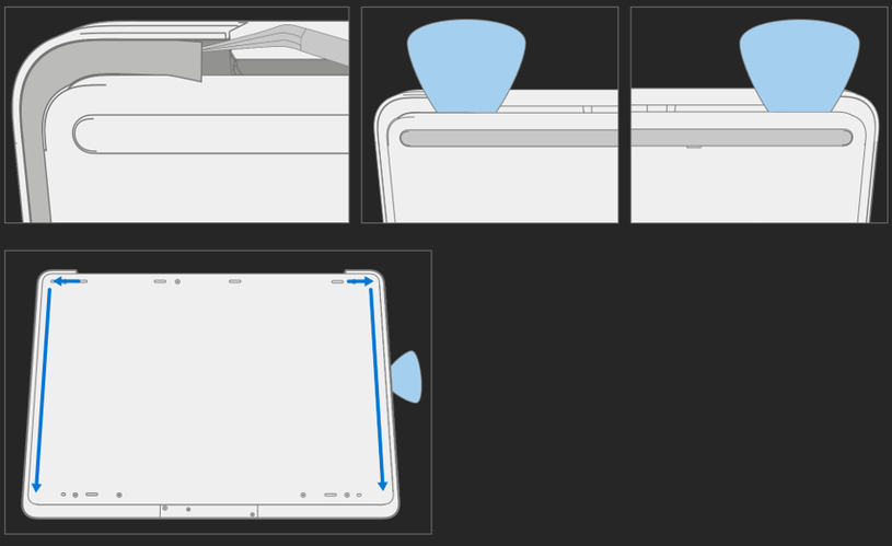 An illustration showing the use of plastic opening picks to separate the sides of the cosmetic plate from the chassis, with one pick left in place while working around the edge