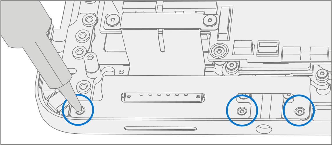 An illustration showing the installation of the left I/O bracket onto the keyboard and securing it with 3 new bracket screws using a 3IP Torx-Plus driver