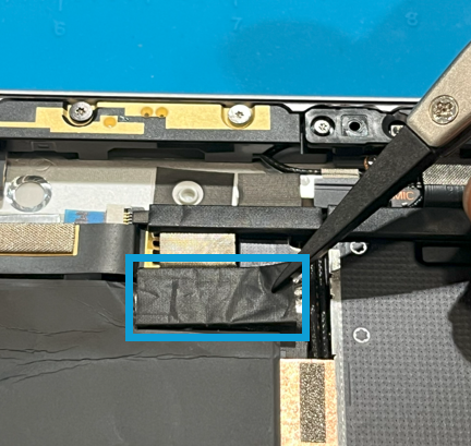 Screenshot that shows ESD-safe tweezers removing the T3 shield lid gasket and Conductive Tape 2.