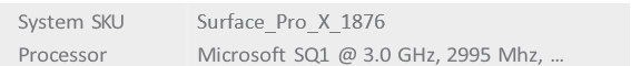 Screenshot that shows SMBIOS information displayed for the Surface Pro X with the SQ1 processor.