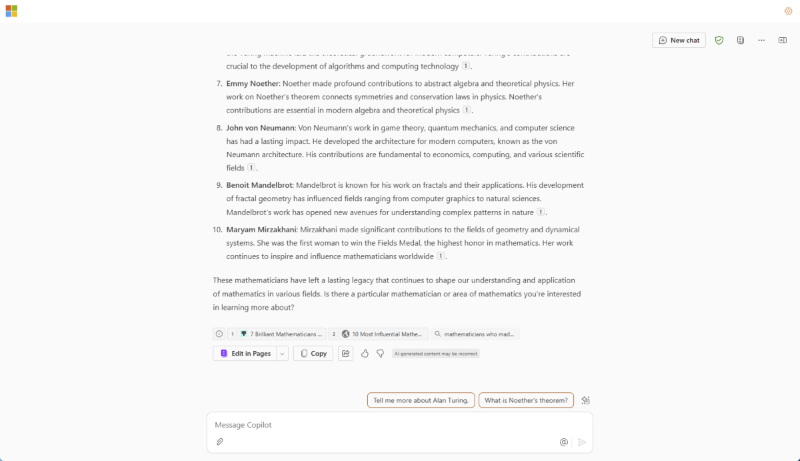 Screenshot of a Microsoft Copilot response to generate a list of mathematicians.