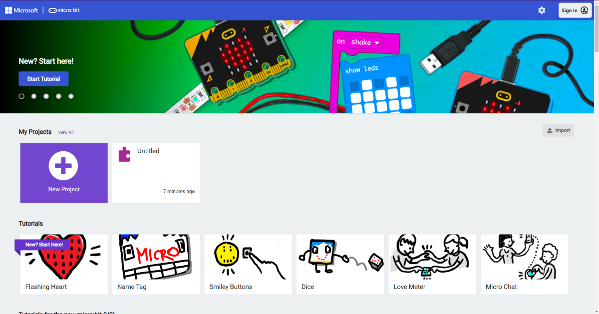 Screenshot of Microsoft MakeCode micro:bit projects page.