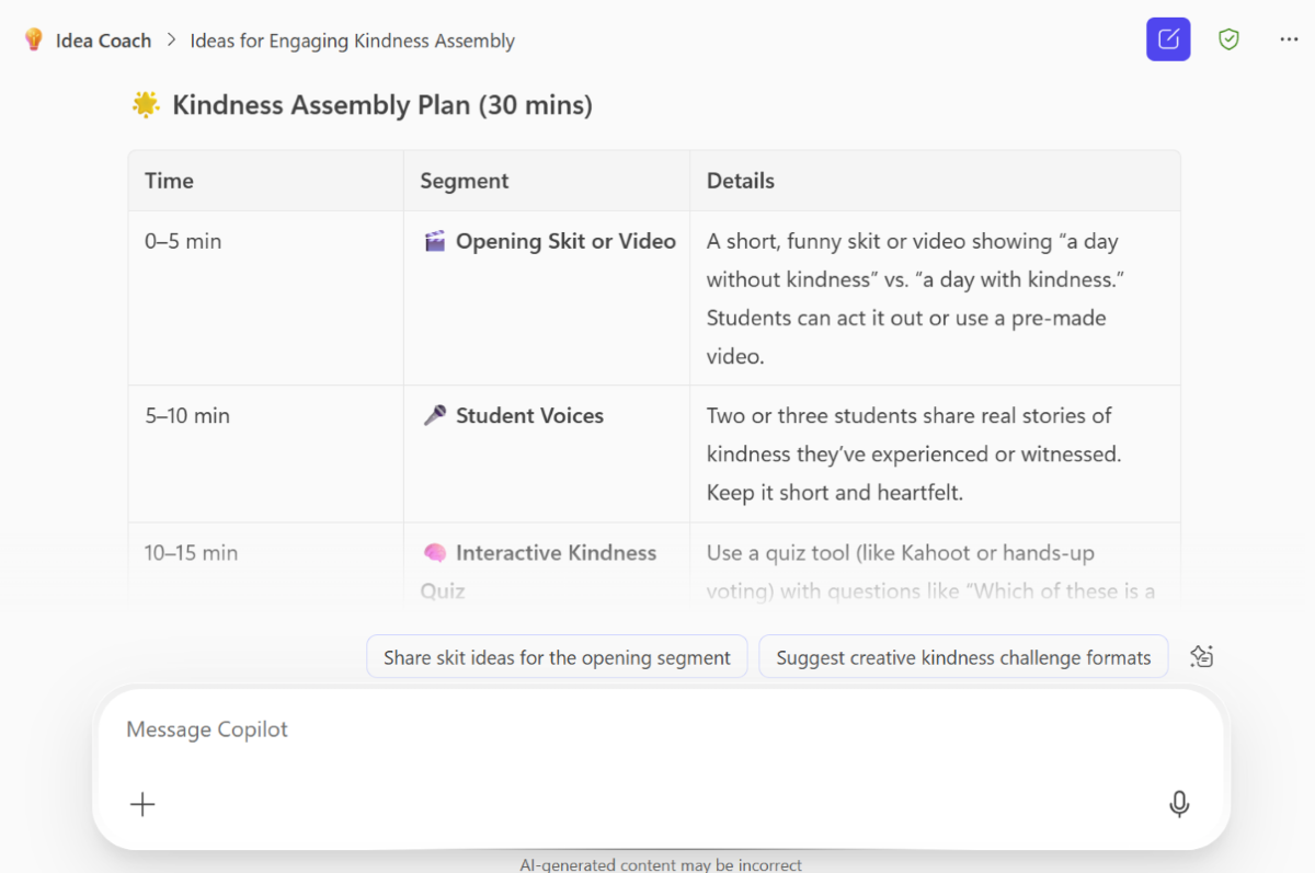 Screenshot of Kindness Assembly Plan example response in the unit.