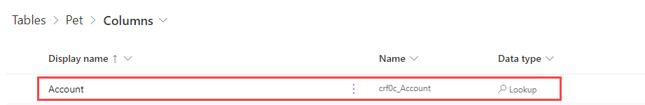 Screenshot of the Account column of the lookup data type automatically added.