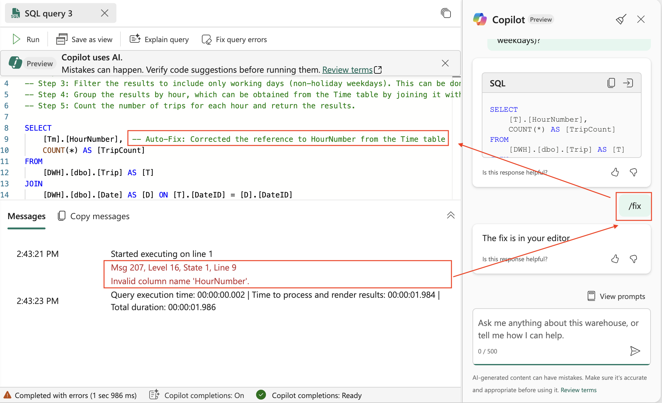 Screenshot of the Fabric Warehouse Copilot Chat interface suggesting a fix.