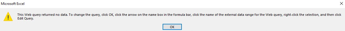Screenshot that shows the Web query returned no data error that occurs after you refresh the exported app data.