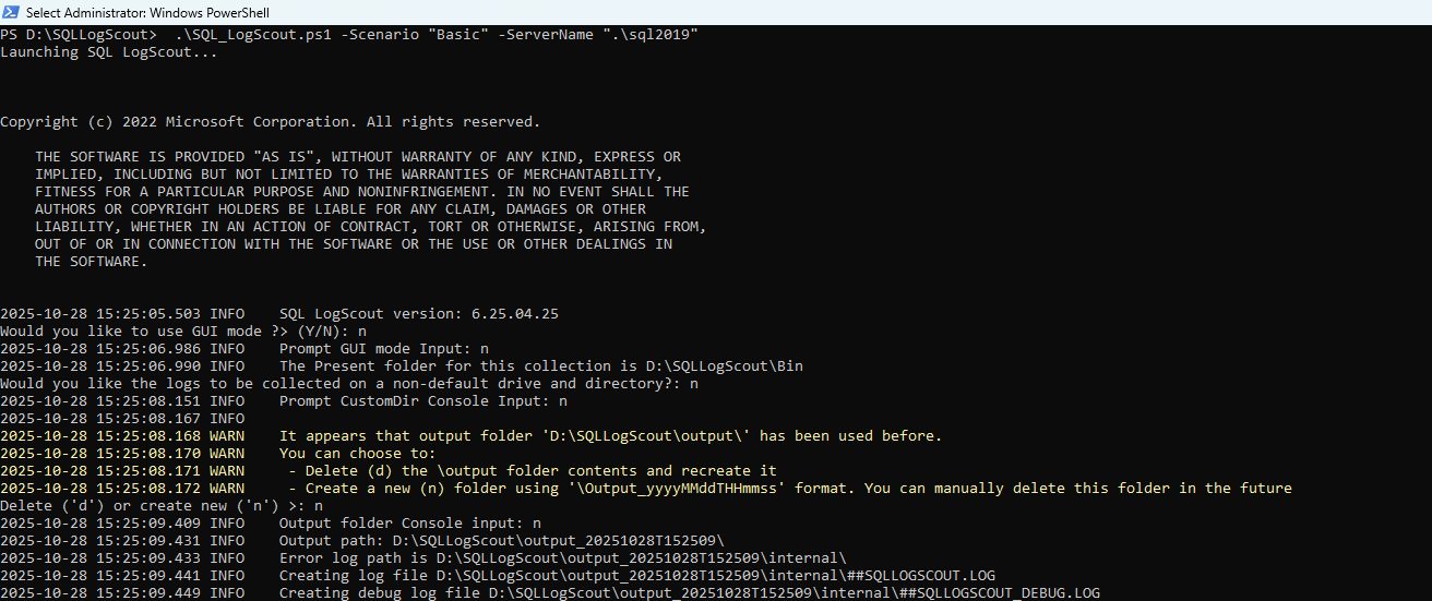 Starting SQL LogScout from an elevated PowerShell Command Prompt window.