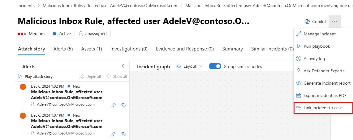 Screenshot showing the link incident option from ellipses menu in the incident view.