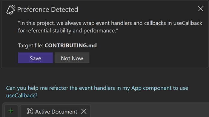 Screenshot of the preference detected nudge that allows you to save memories to your project files