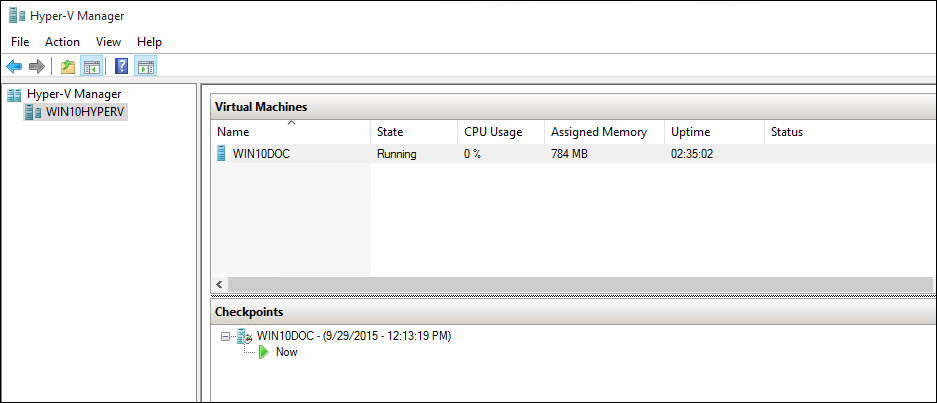 Screenshot of the created checkpoint in the Hyper V Manager